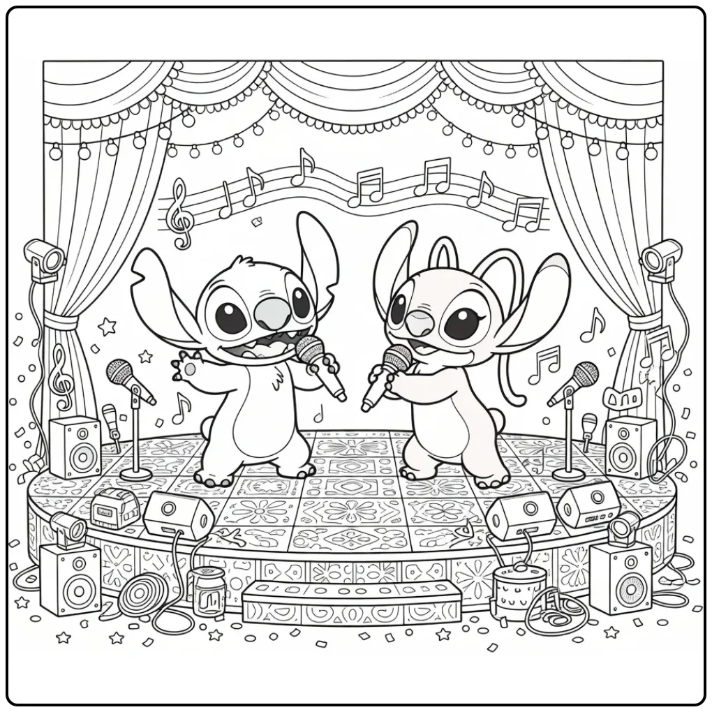 Detailed Stitch and Angel Music Performance coloring page
