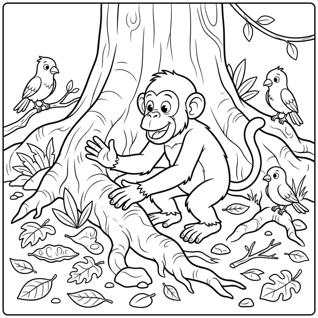 Chimpanzee coloring page drumming on tree roots
