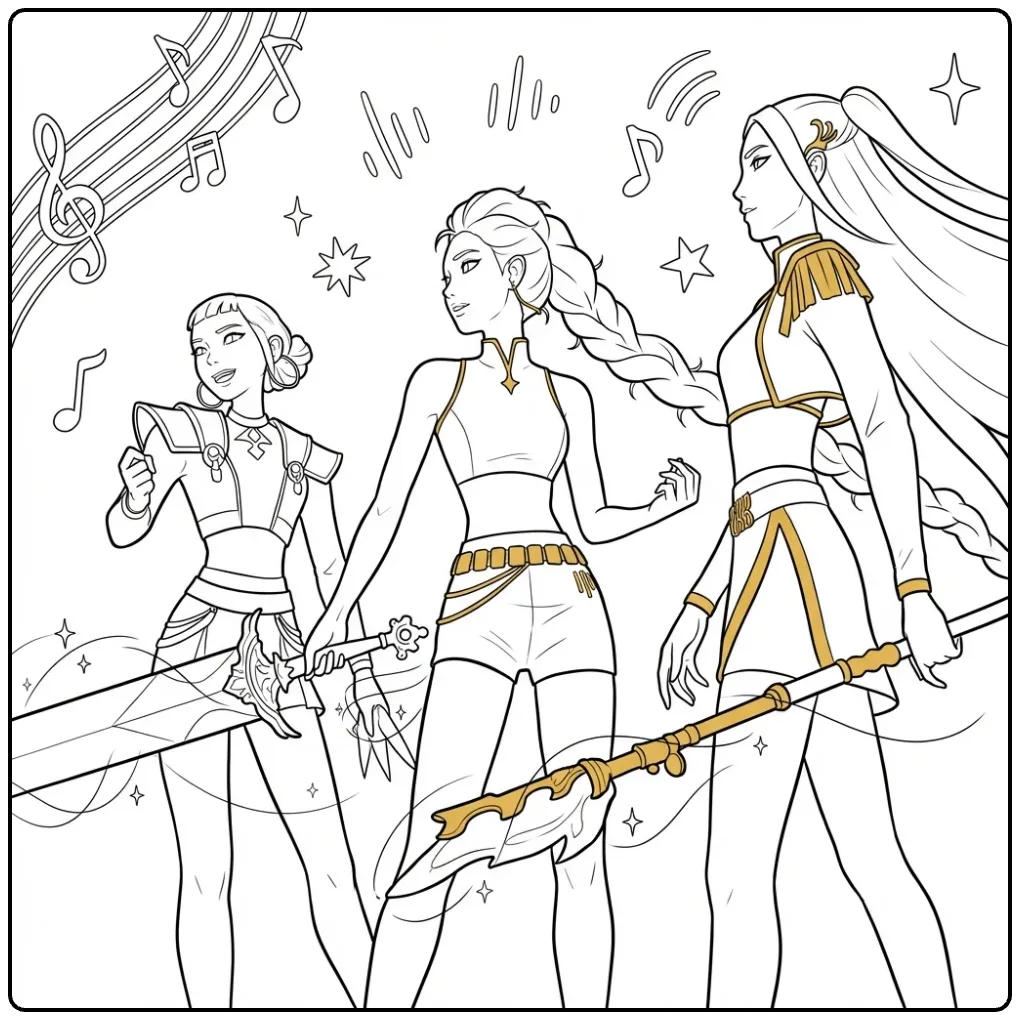 Musical KPop Demon Hunters in Action coloring page