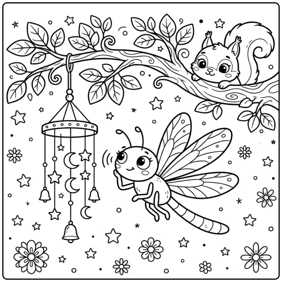 Dragonfly coloring page listening to a wind chime