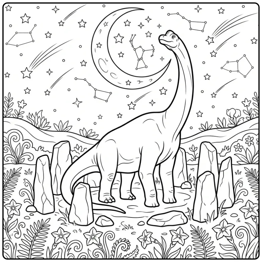 Nighttime Dinosaur Brachiosaurus and Starry Sky coloring page