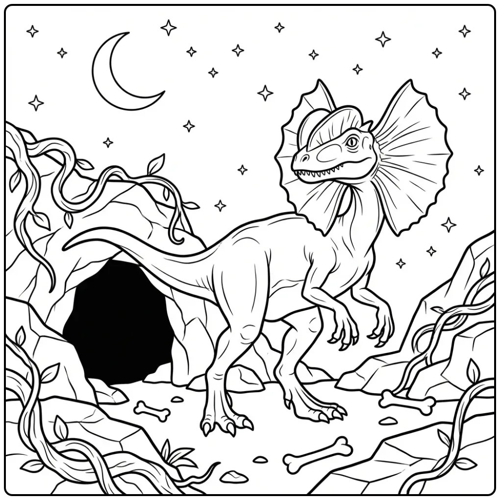 Nighttime Dinosaur Dilophosaurus and Stars coloring page