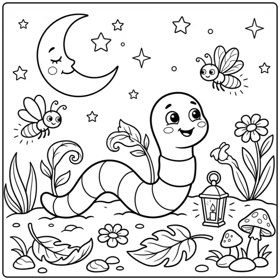 Cute worm coloring page with a lantern under the moon