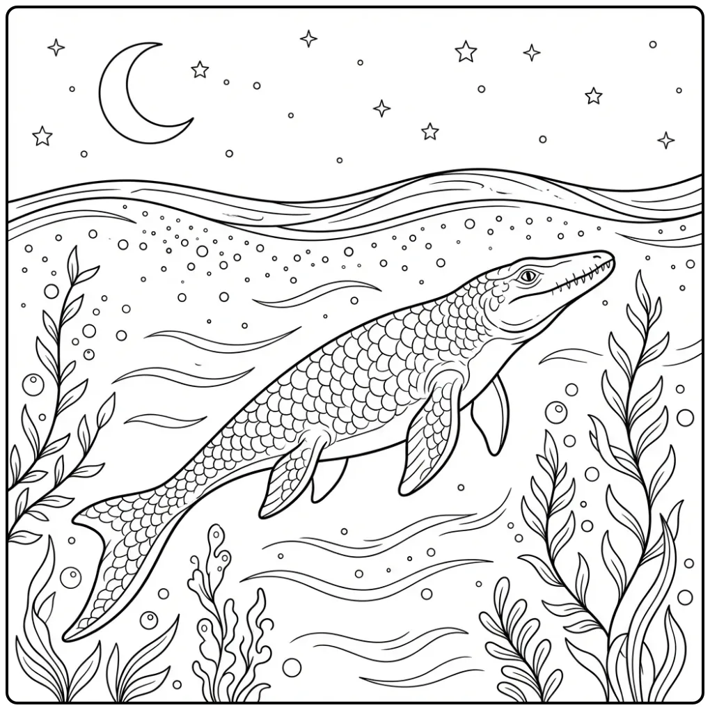 Mosasaurus coloring page swimming under the moon and stars