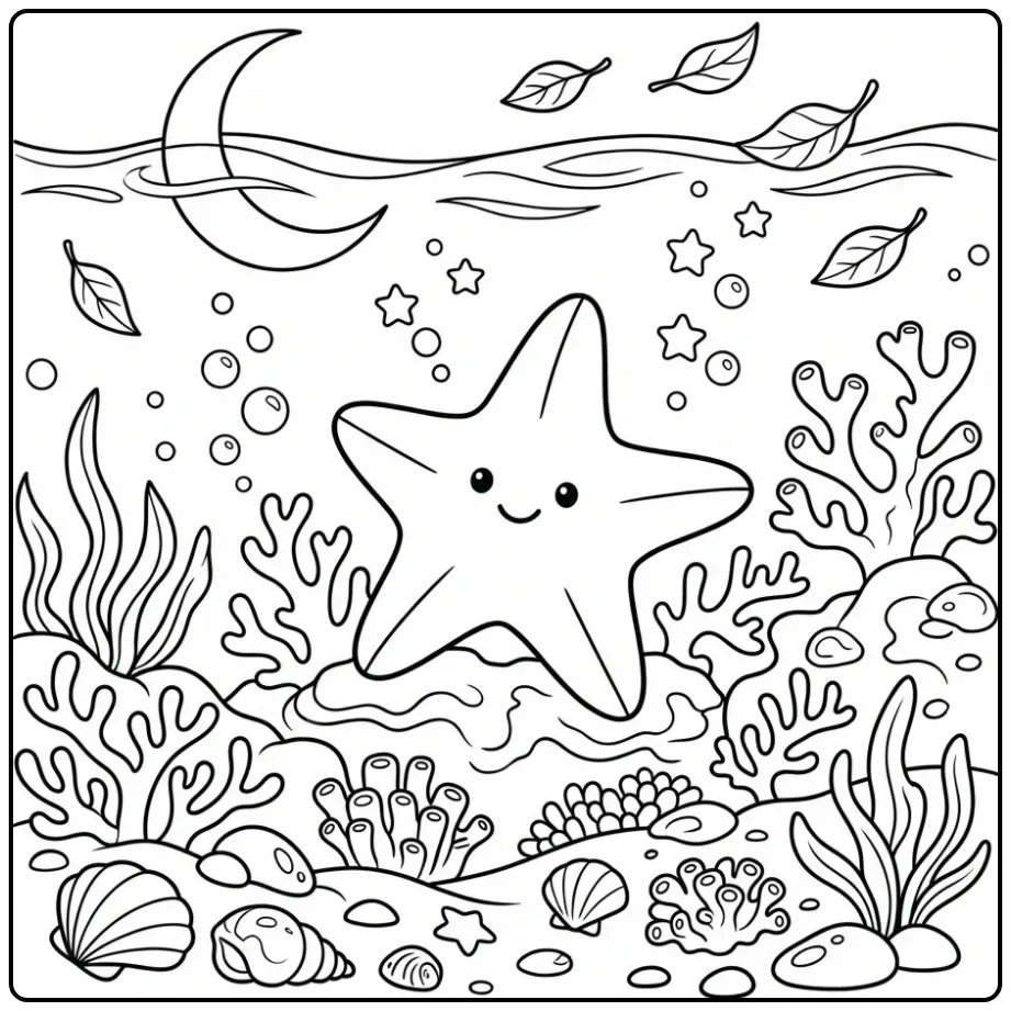 Cute starfish coloring page under the moon with bubbles