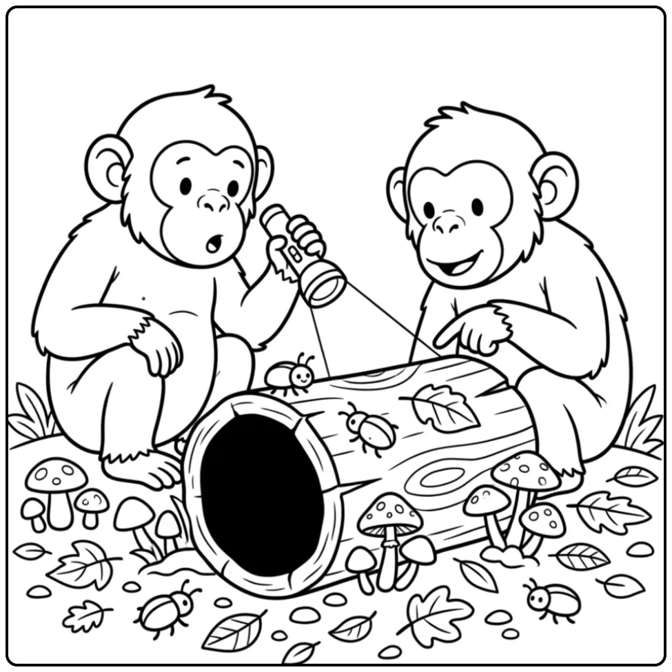 Chimpanzee coloring page with two apes by a hollow log