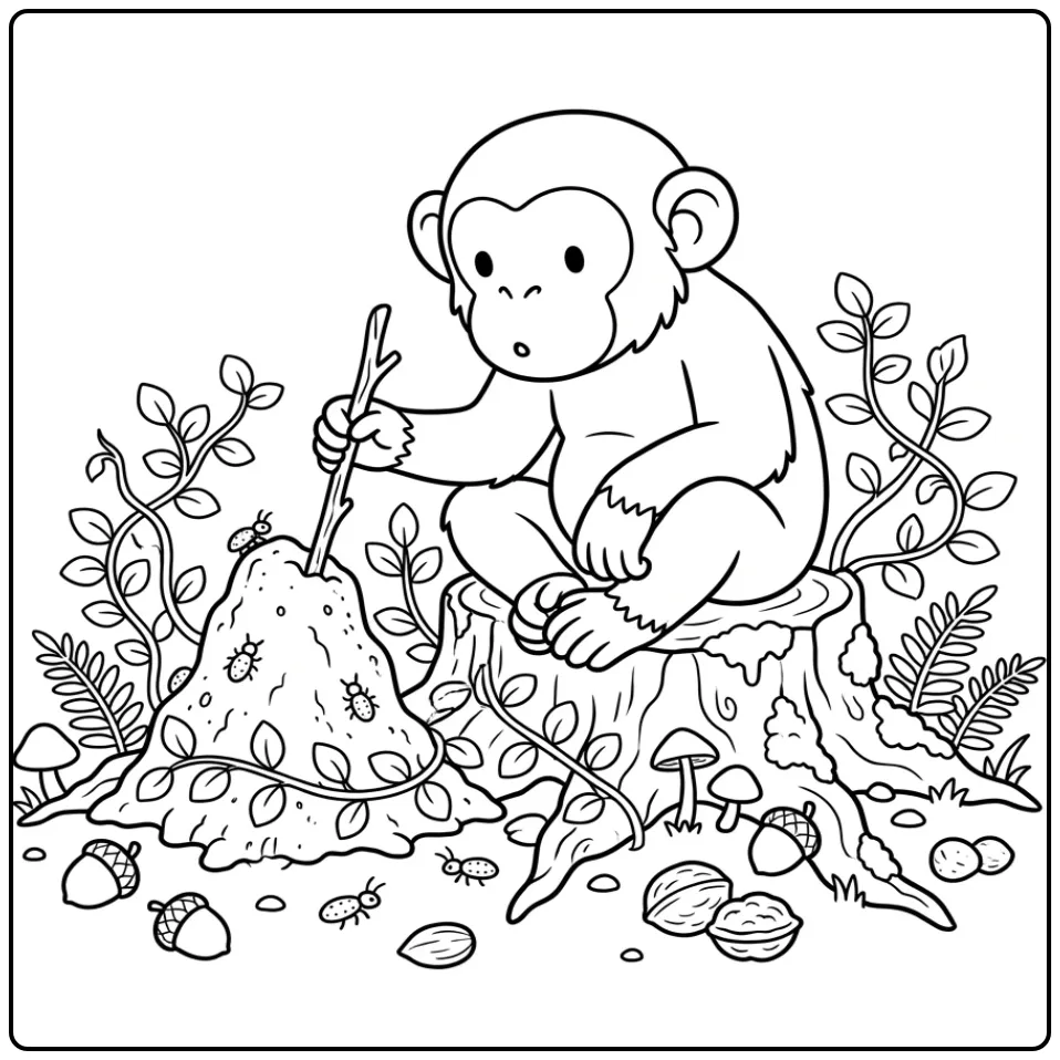 Chimpanzee coloring page with a stick by a termite mound