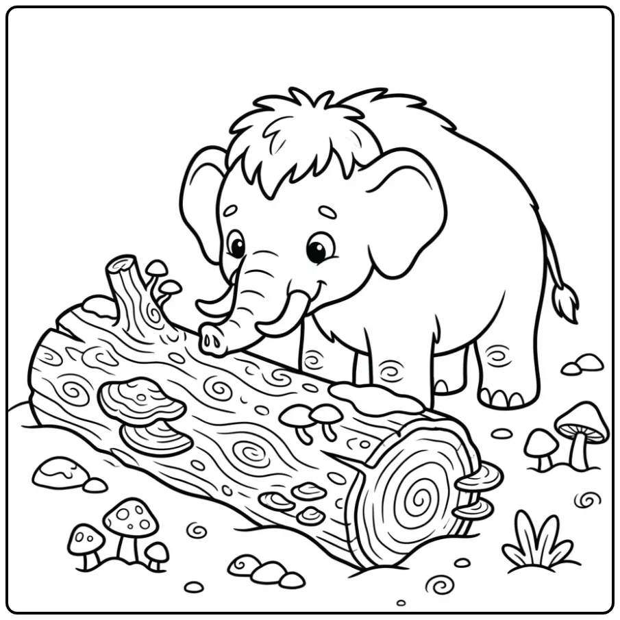 Curious Mammoth by an Old Tree Trunk coloring page