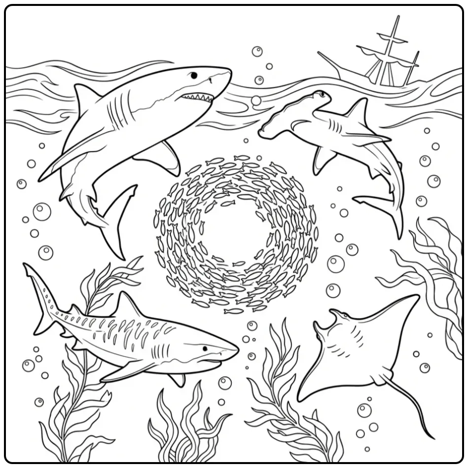 Ocean Fish with Sharks, Manta Ray, and Shipwreck coloring page