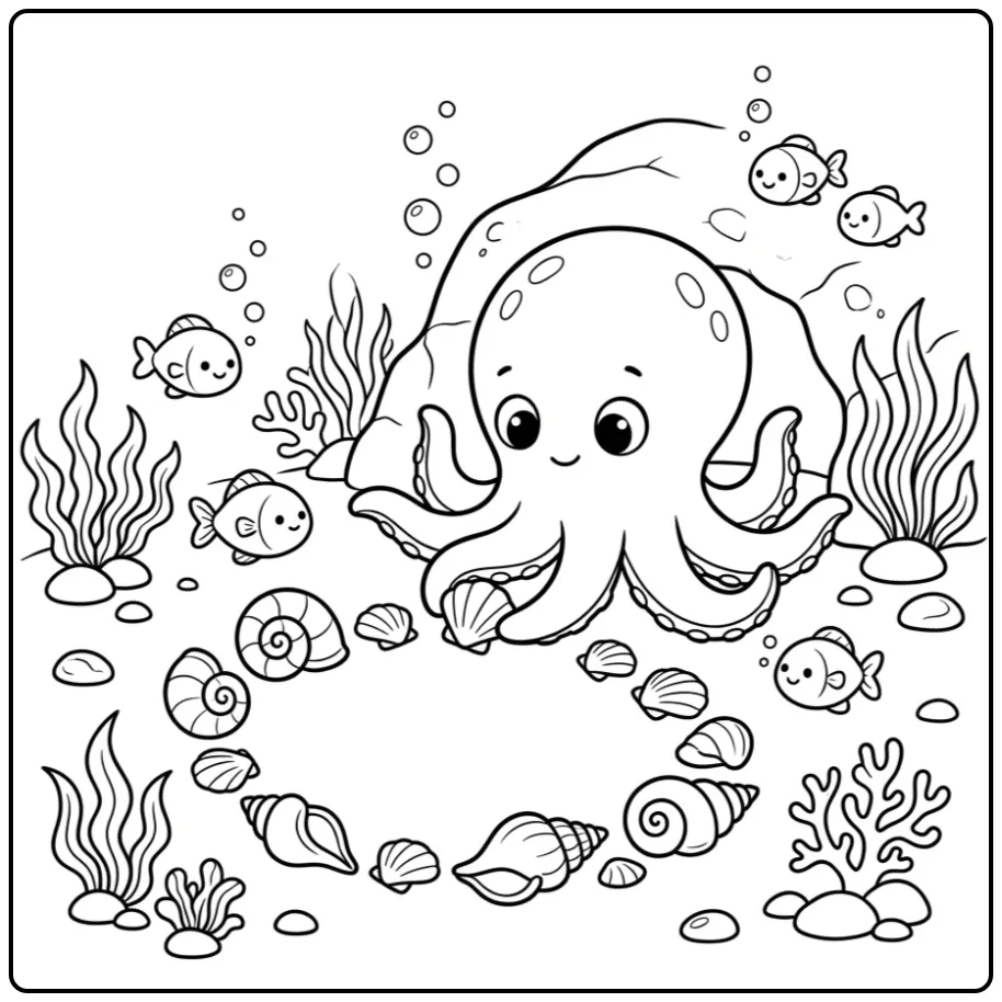 Cute octopus coloring page with fish and shells