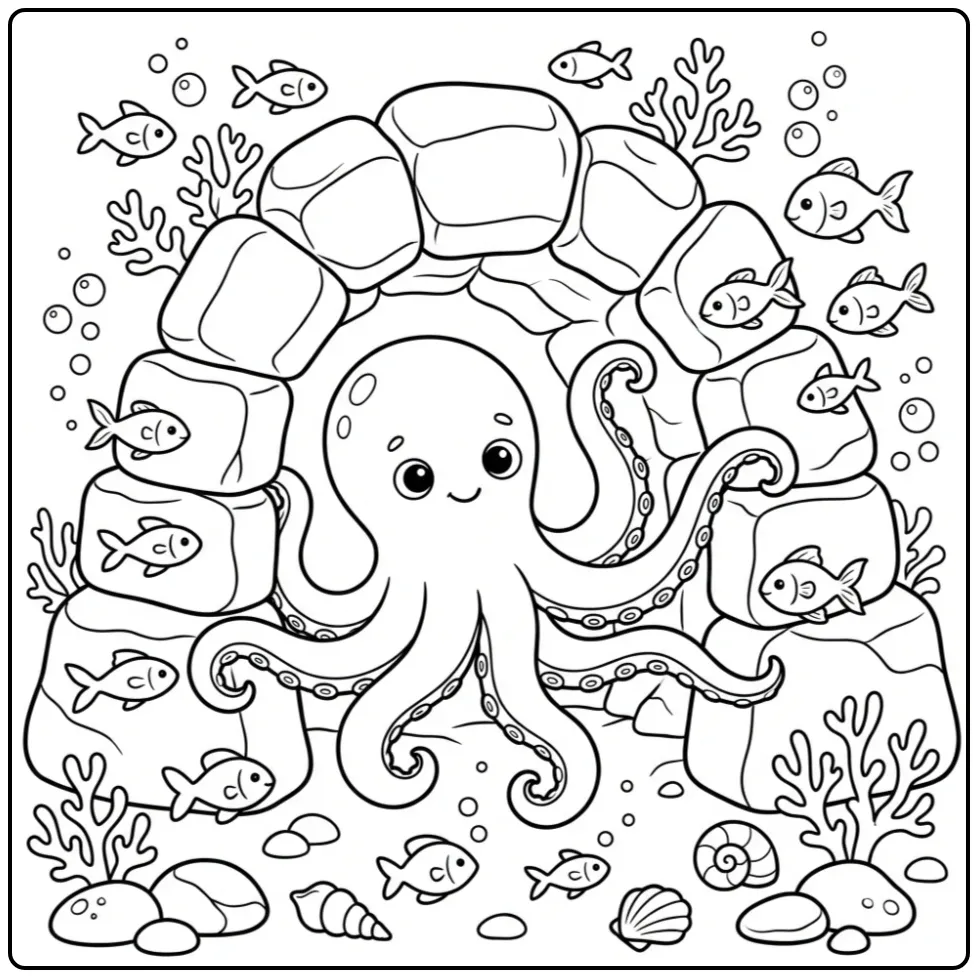 Octopus coloring page swimming through a rock tunnel
