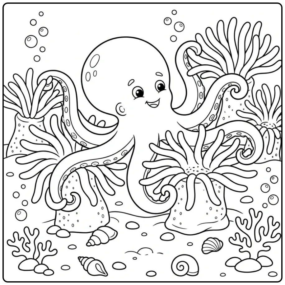Octopus coloring page carefully swimming between anemones