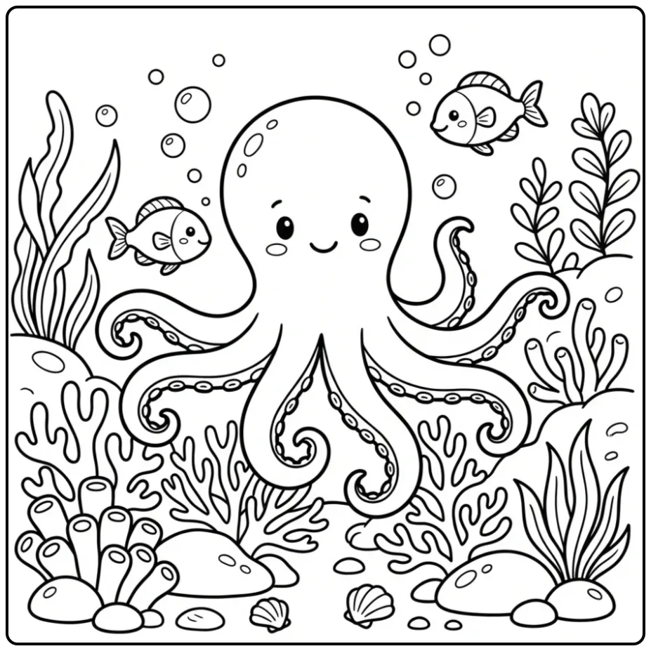 Realistic octopus coloring page by a coral reef