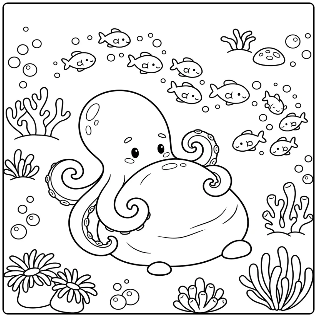 Octopus coloring page hugging a stone in the sea