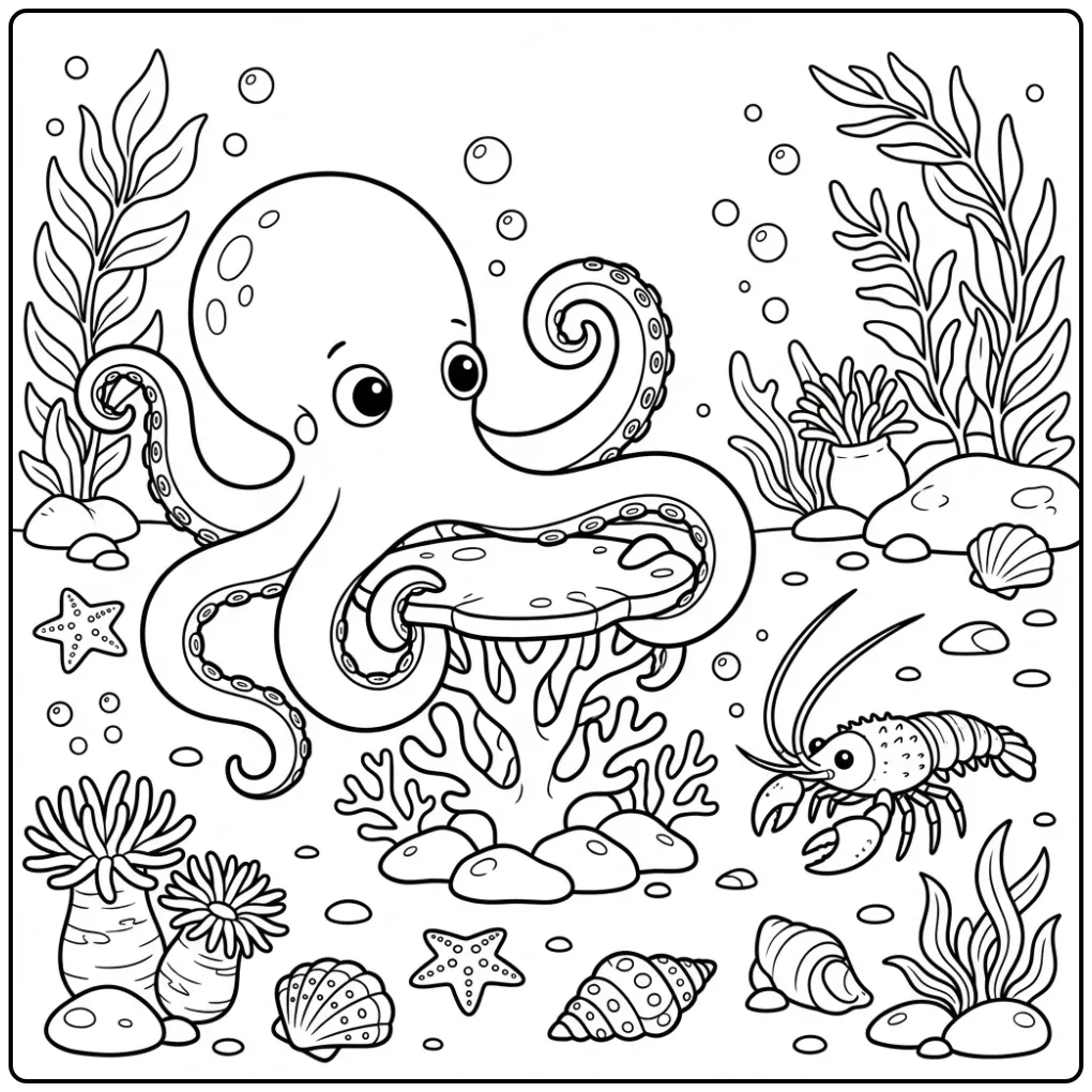 Cute octopus coloring page with a lobster