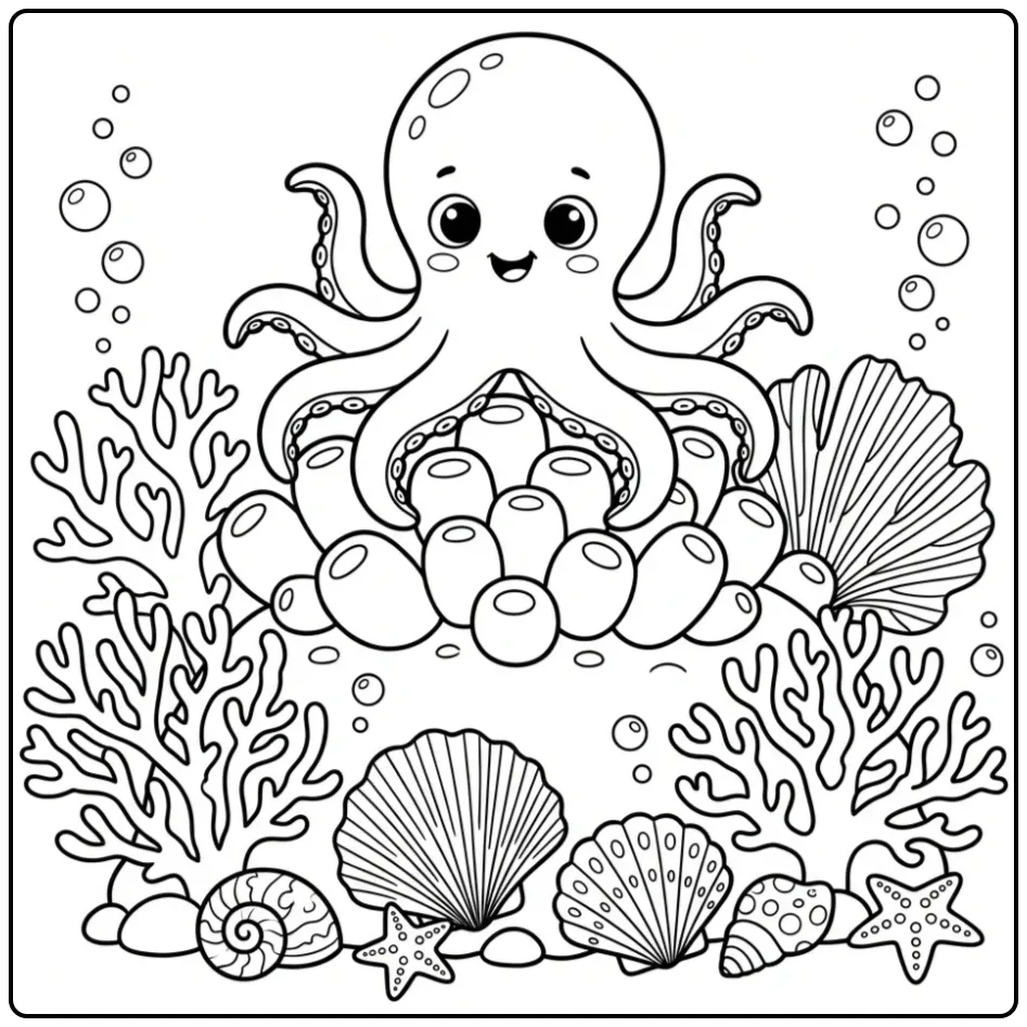 Cute octopus coloring page on a coral mound
