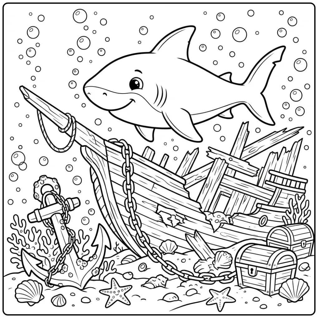 Underwater Shark Detailed with Bubbles and Shells coloring page