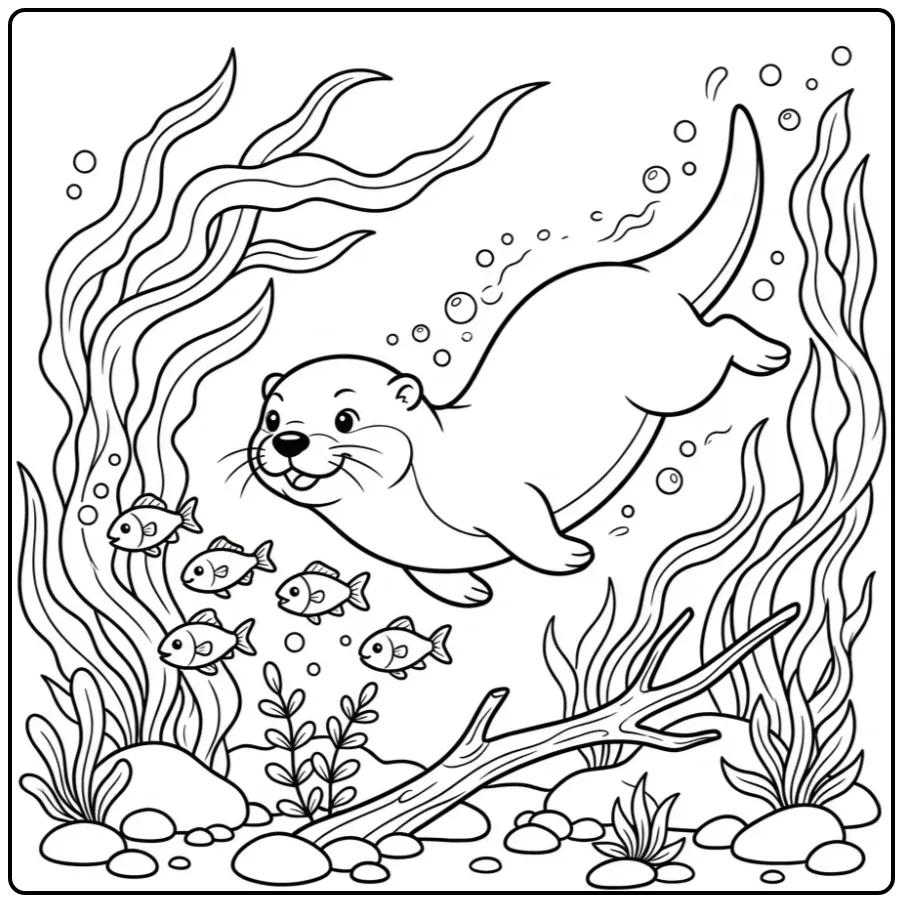 Otter coloring page showing an otter underwater