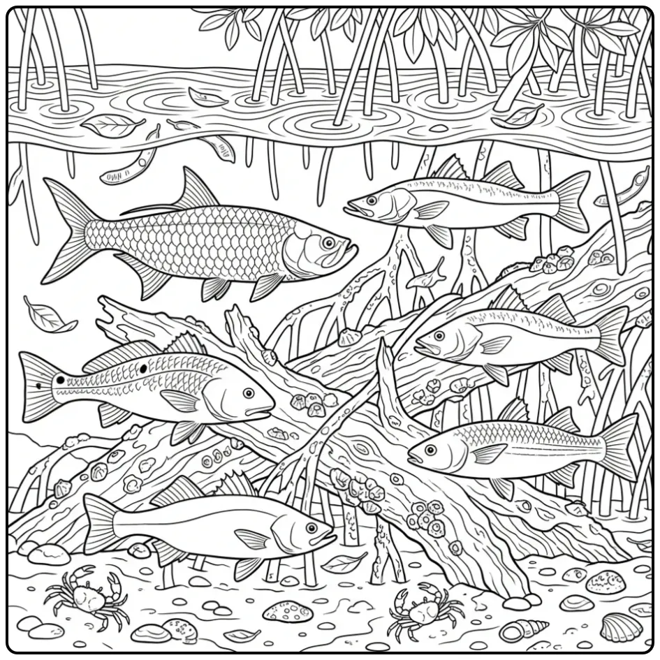 Underwater Fish Scene with Mangrove Roots and Wood coloring page
