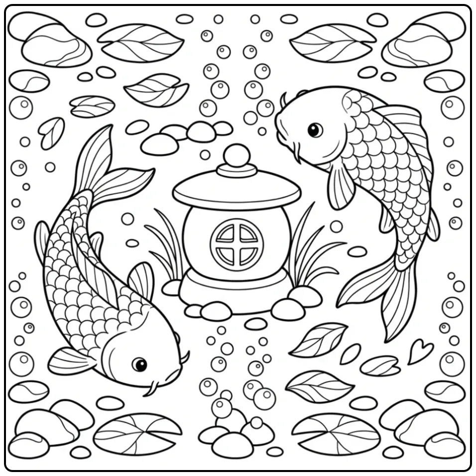 Underwater Koi Carp Stone Lantern coloring page
