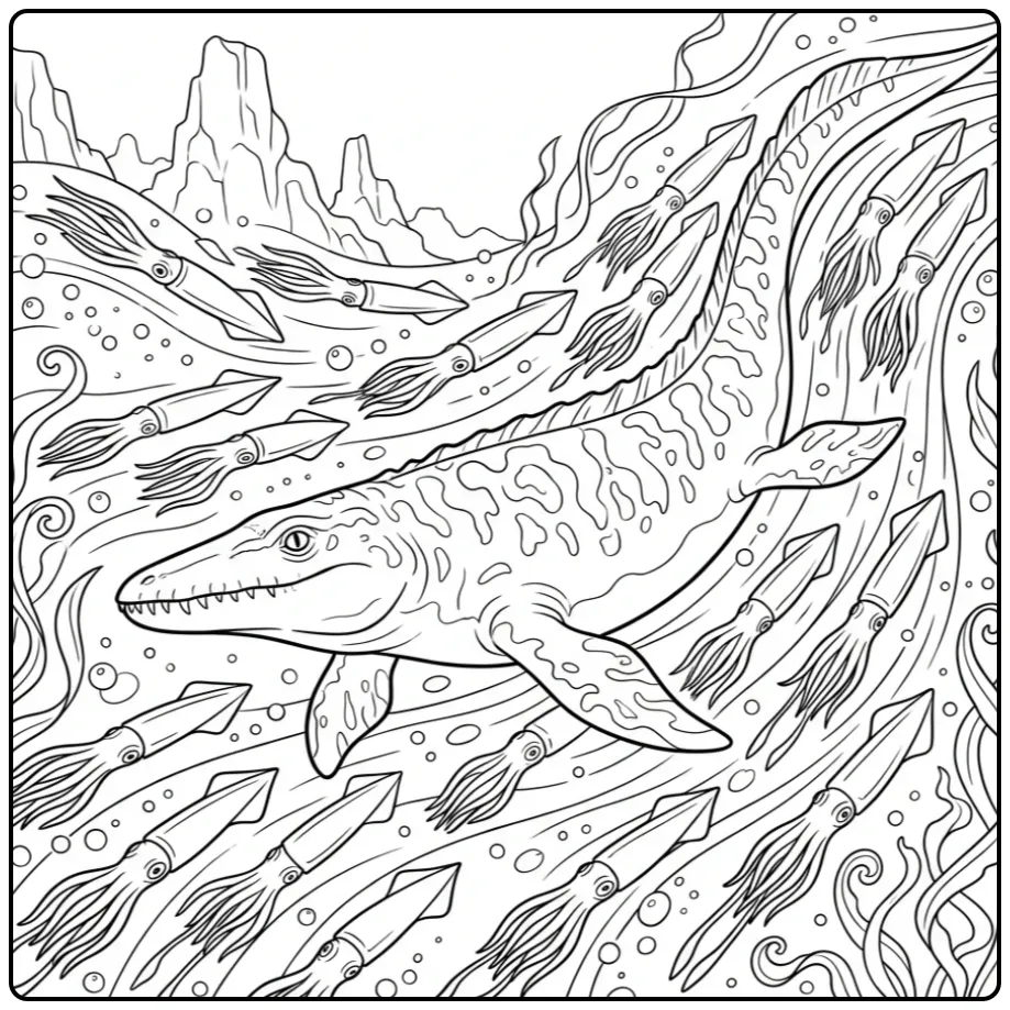 Mosasaurus coloring page swimming among belemnites and bubbles