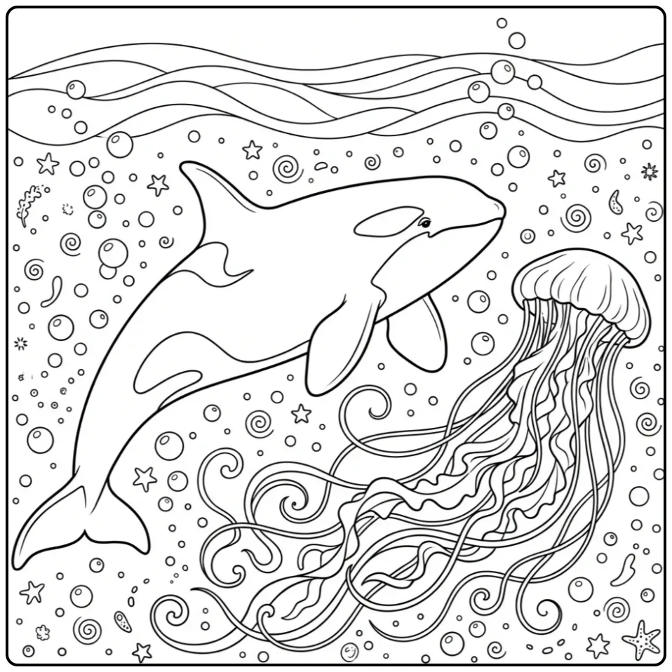 Underwater Orca with a Big Jellyfish coloring page