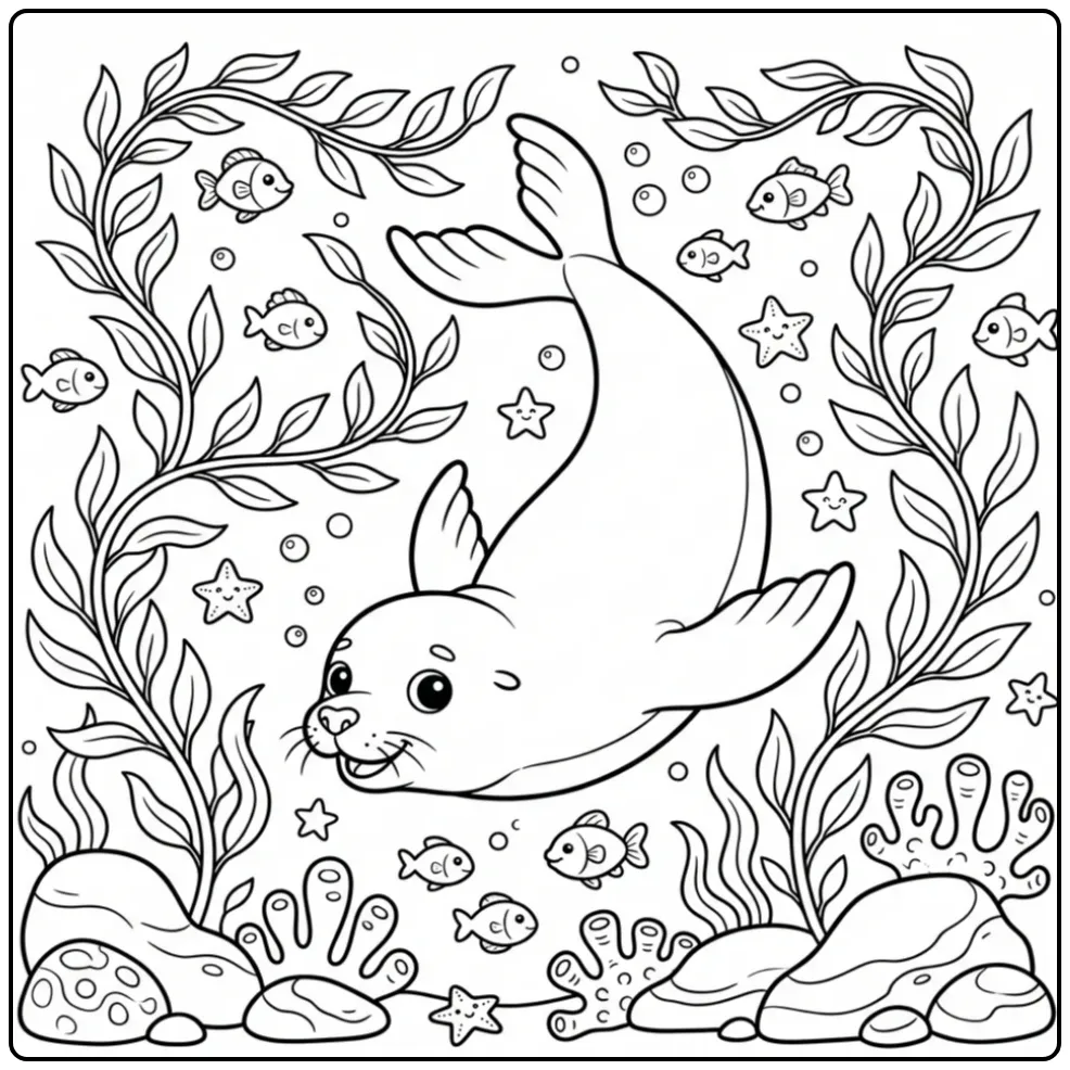 Sea lion coloring page featuring a sea lion underwater