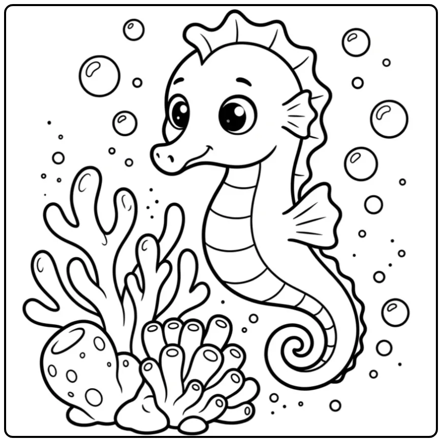 Seahorse in an Underwater World with Bubbles coloring page