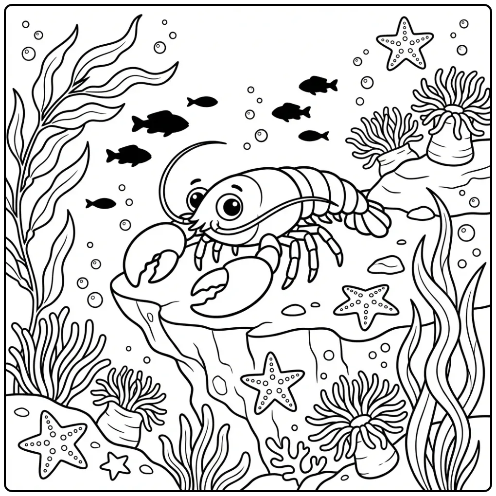Lobster coloring page on a rocky reef with fish
