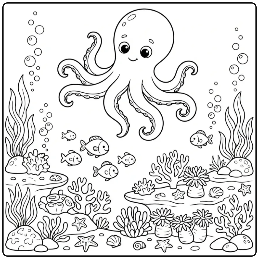 Cute octopus coloring page swimming above a coral reef
