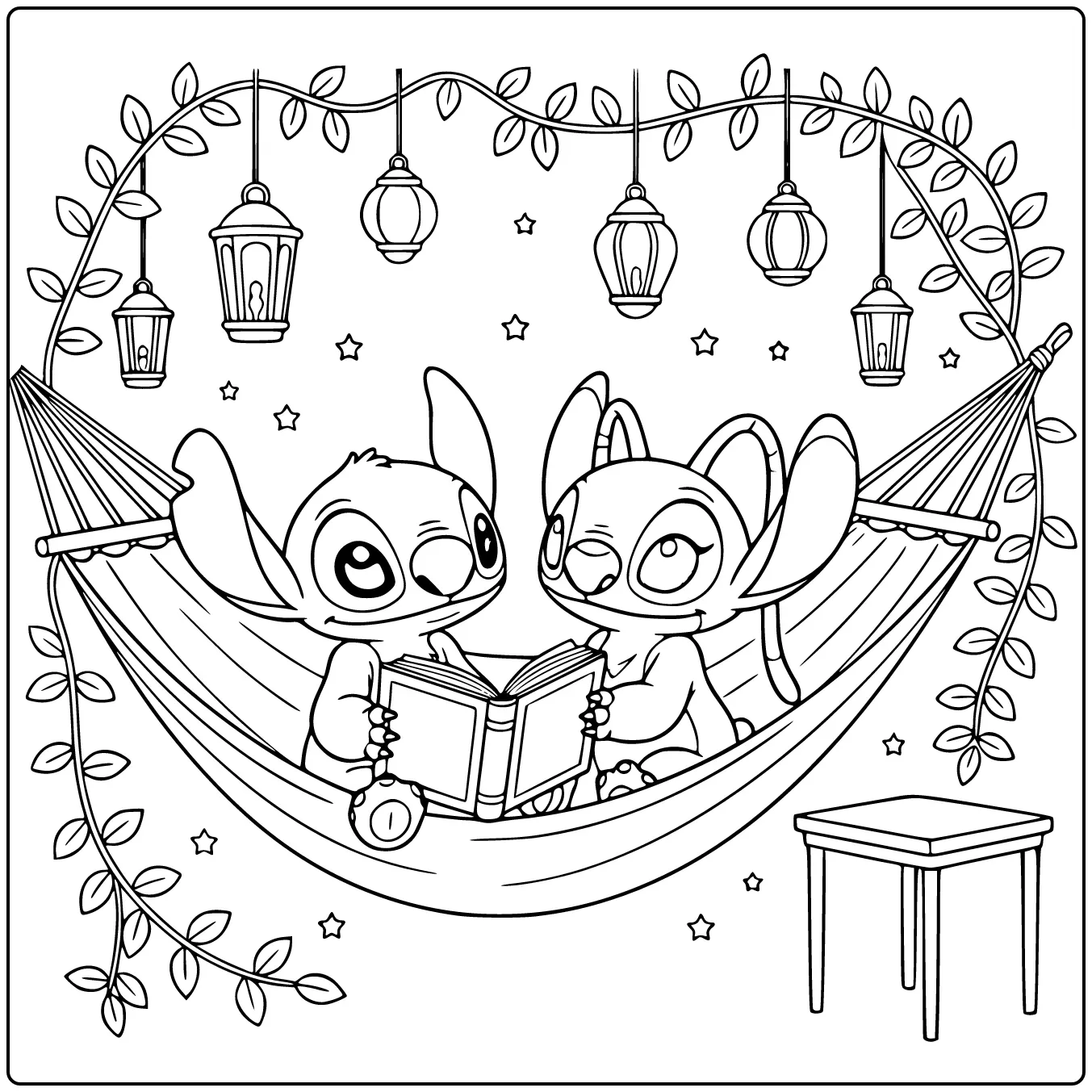Relaxing Stitch and Angel in the Backyard coloring page