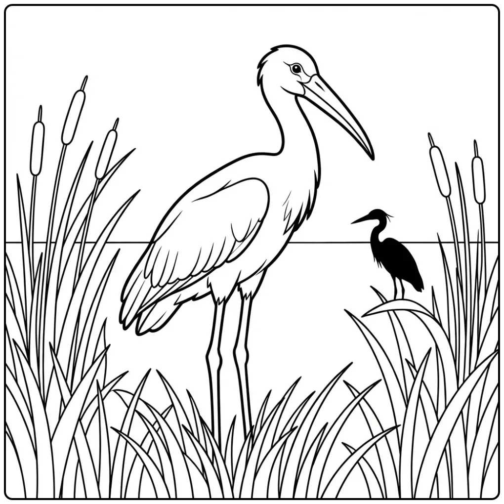 Stork Standing Among Reeds and Grass coloring page