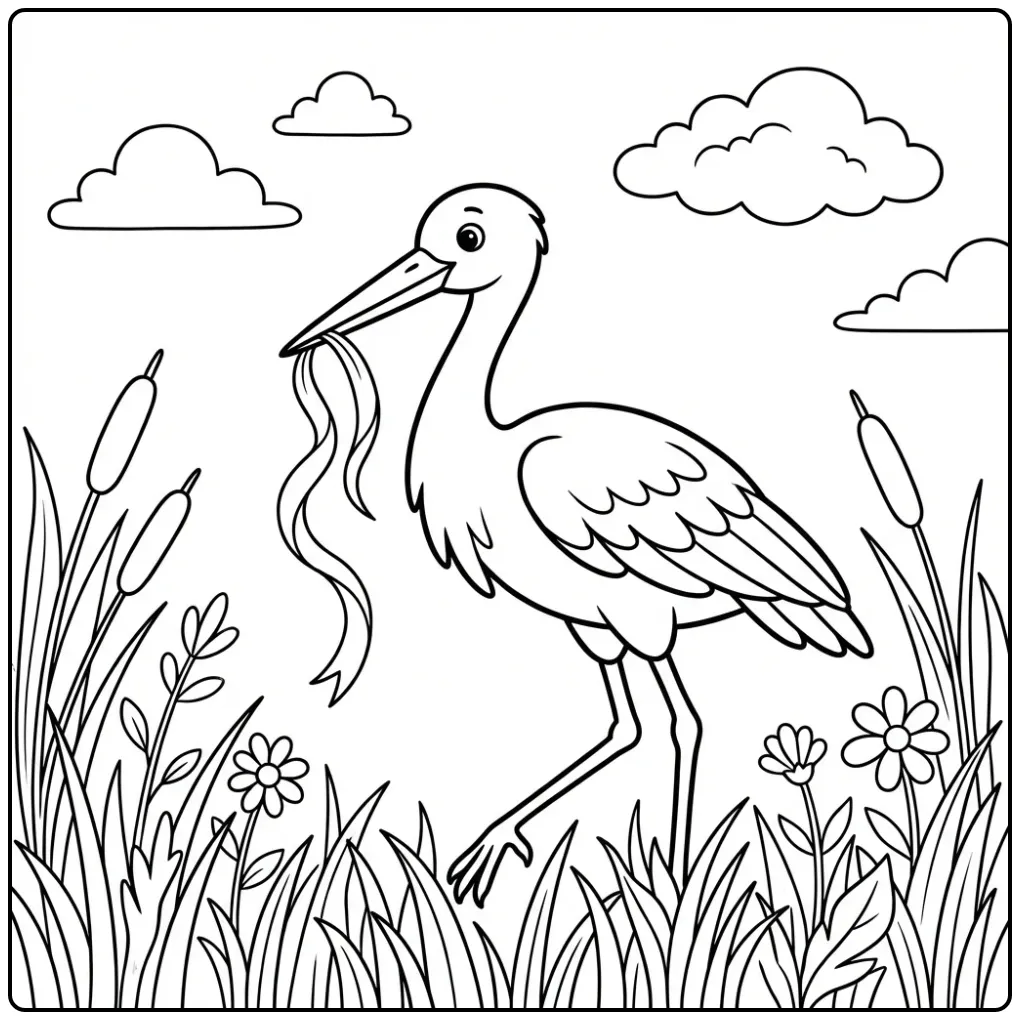 Stork Among Wild Flowers and Grass coloring page