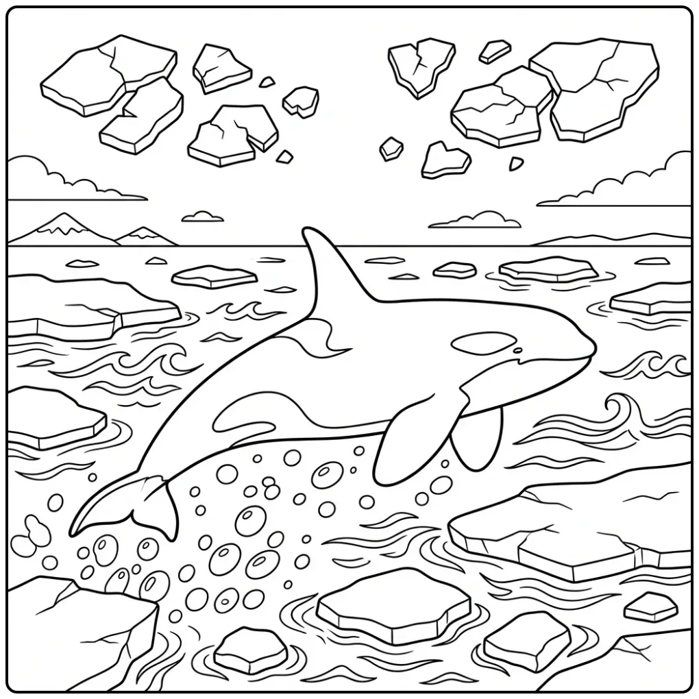 Realistic orca coloring page swimming between floating ice