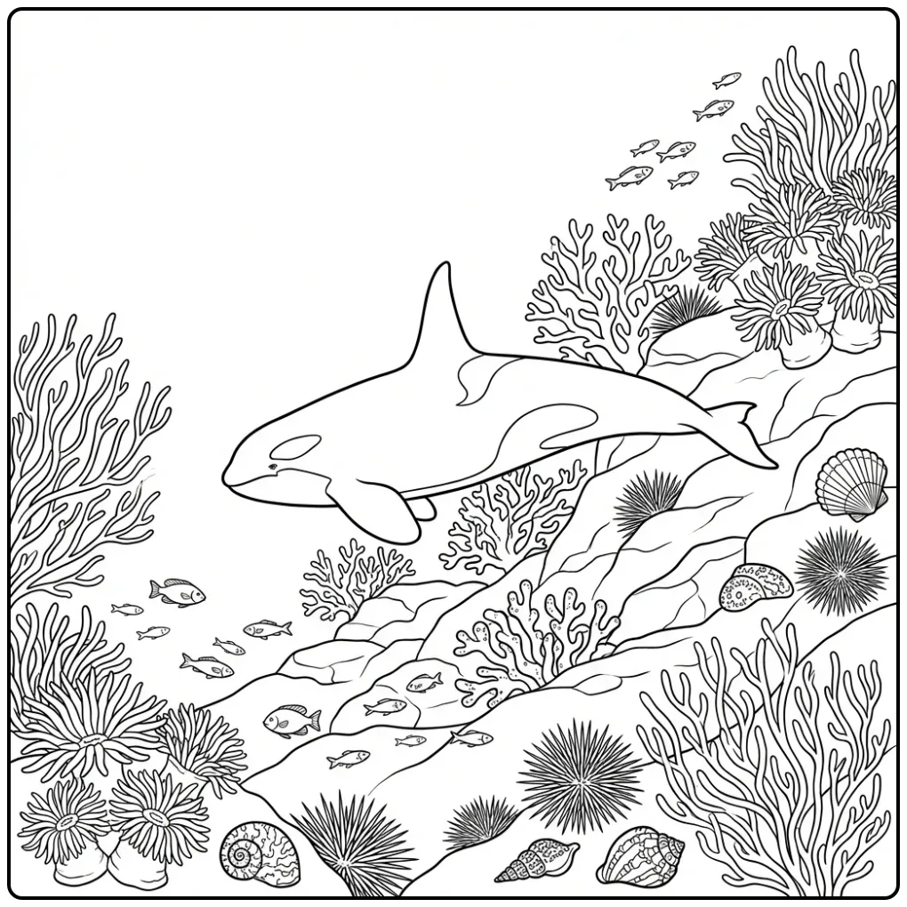Orca Coral Reef and Small Fish coloring page