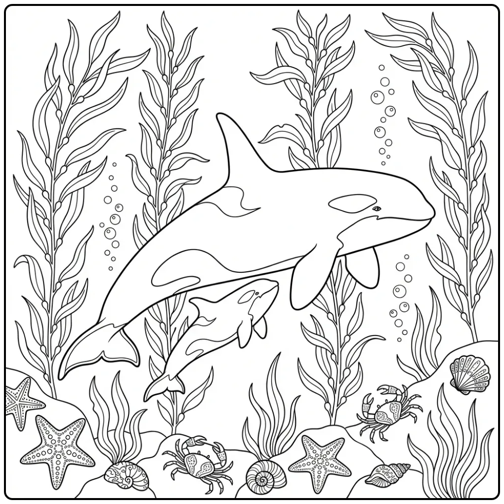 Orca Mother and Calf in a Kelp Forest coloring page