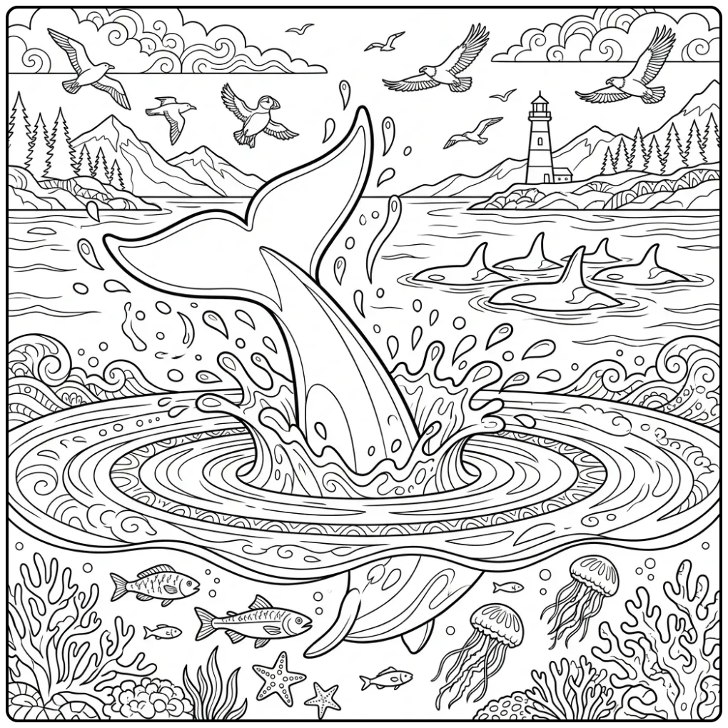 Orca Splashing Water and Flying Birds coloring page
