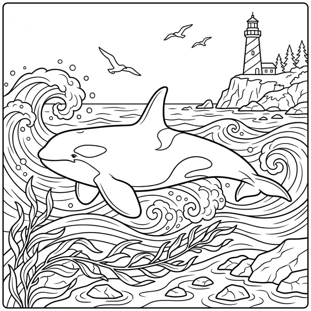 Swimming Orca with Lighthouse coloring page