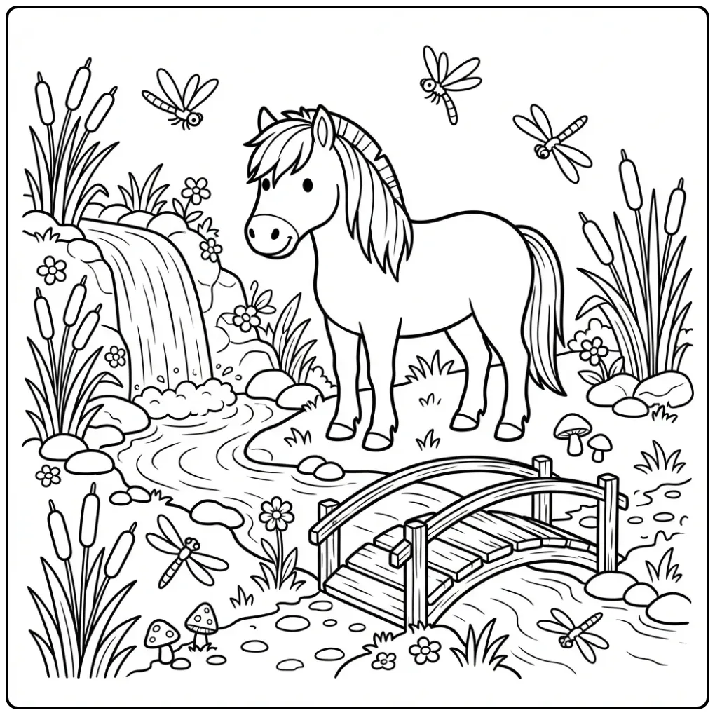 Fjord Horse with Waterfall and Wooden Bridge coloring page