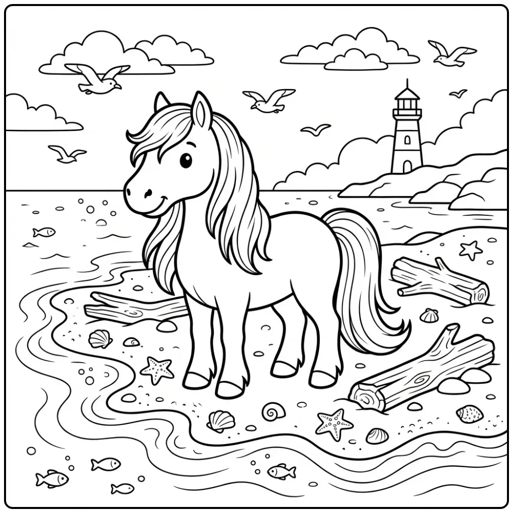 Friesian Horse by the Sea with Lighthouse and Seagulls coloring page