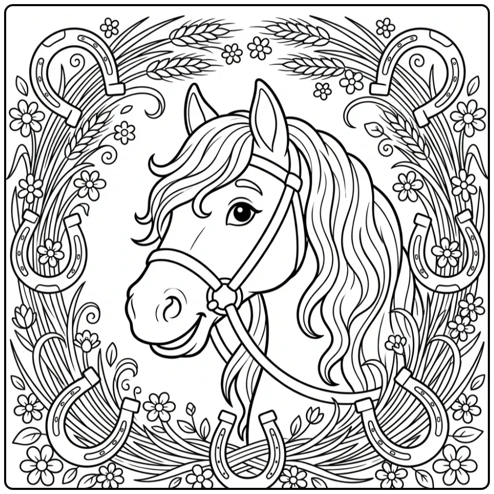 Friesian Horse with Flowers and Horseshoes coloring page