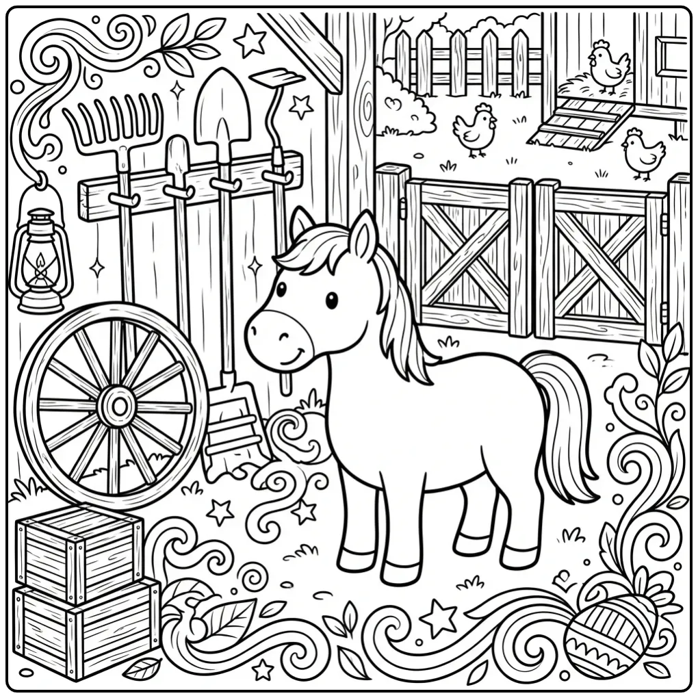 Detailed Horse with Farm Animals coloring page
