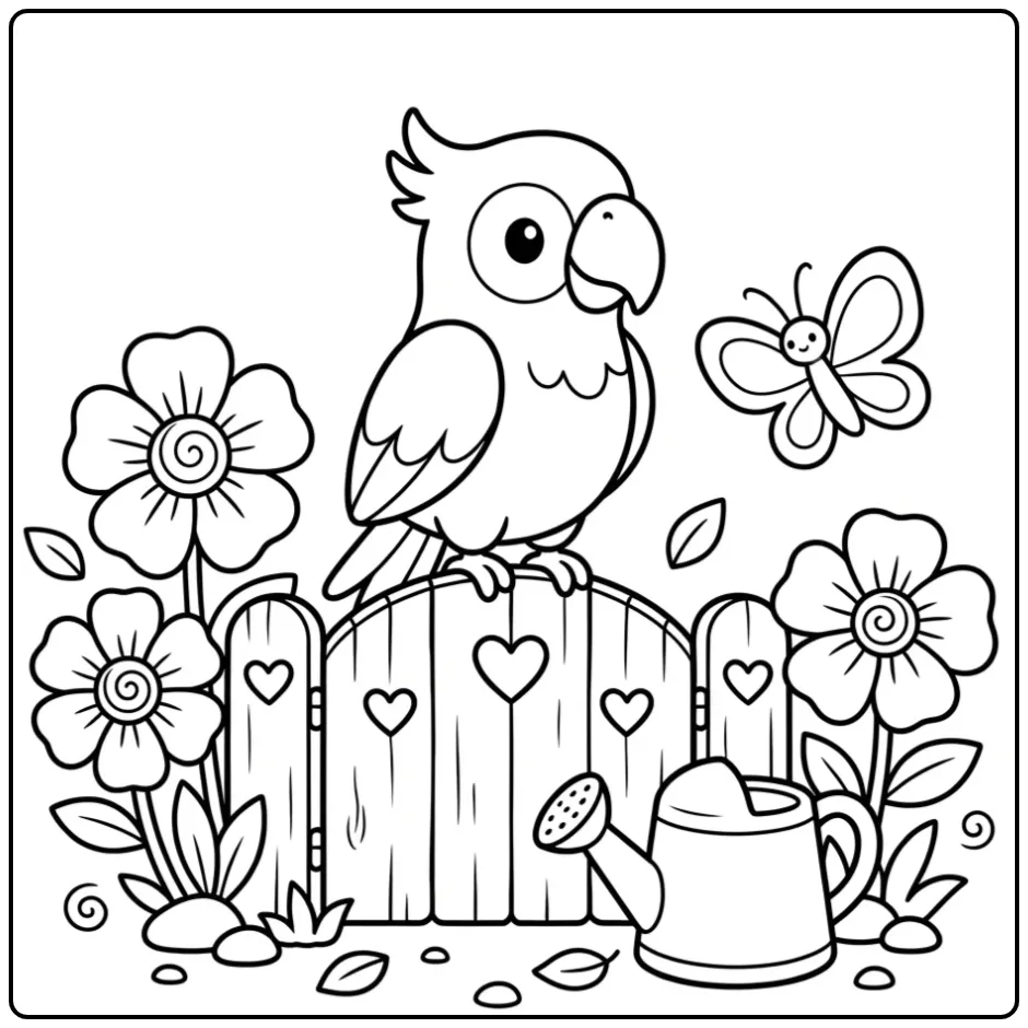 Easy Parrot with Flowers and Butterfly coloring page