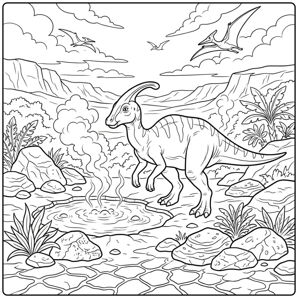 Parasaurolophus coloring page with a dinosaur by hot springs