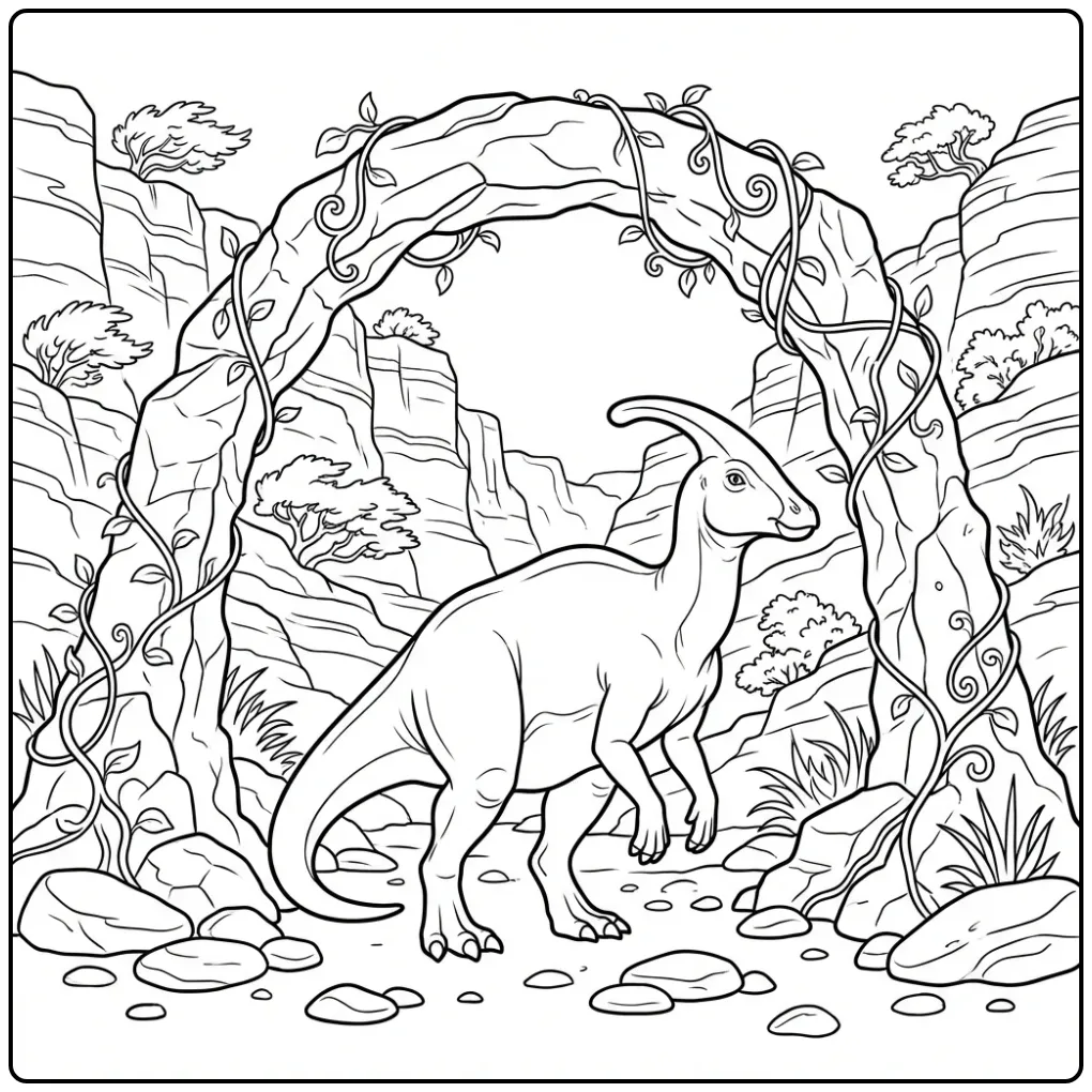 Detailed Parasaurolophus coloring page under a rock arch