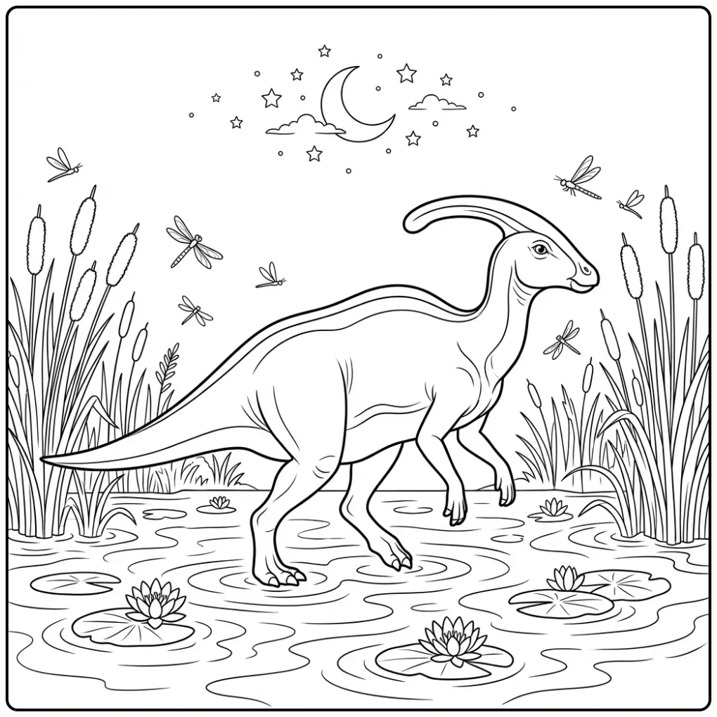 Parasaurolophus coloring page with the moon and stars