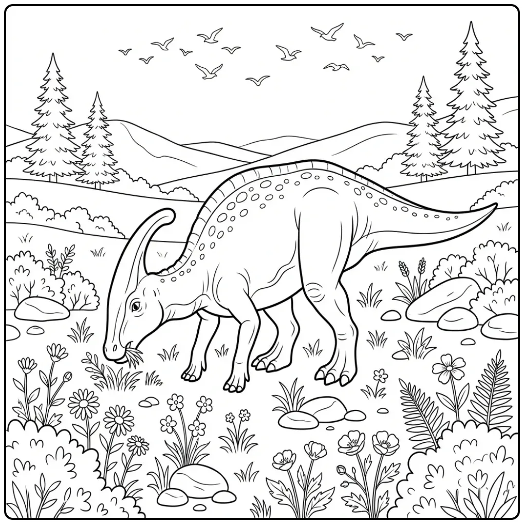 Grazing Parasaurolophus coloring page in a meadow