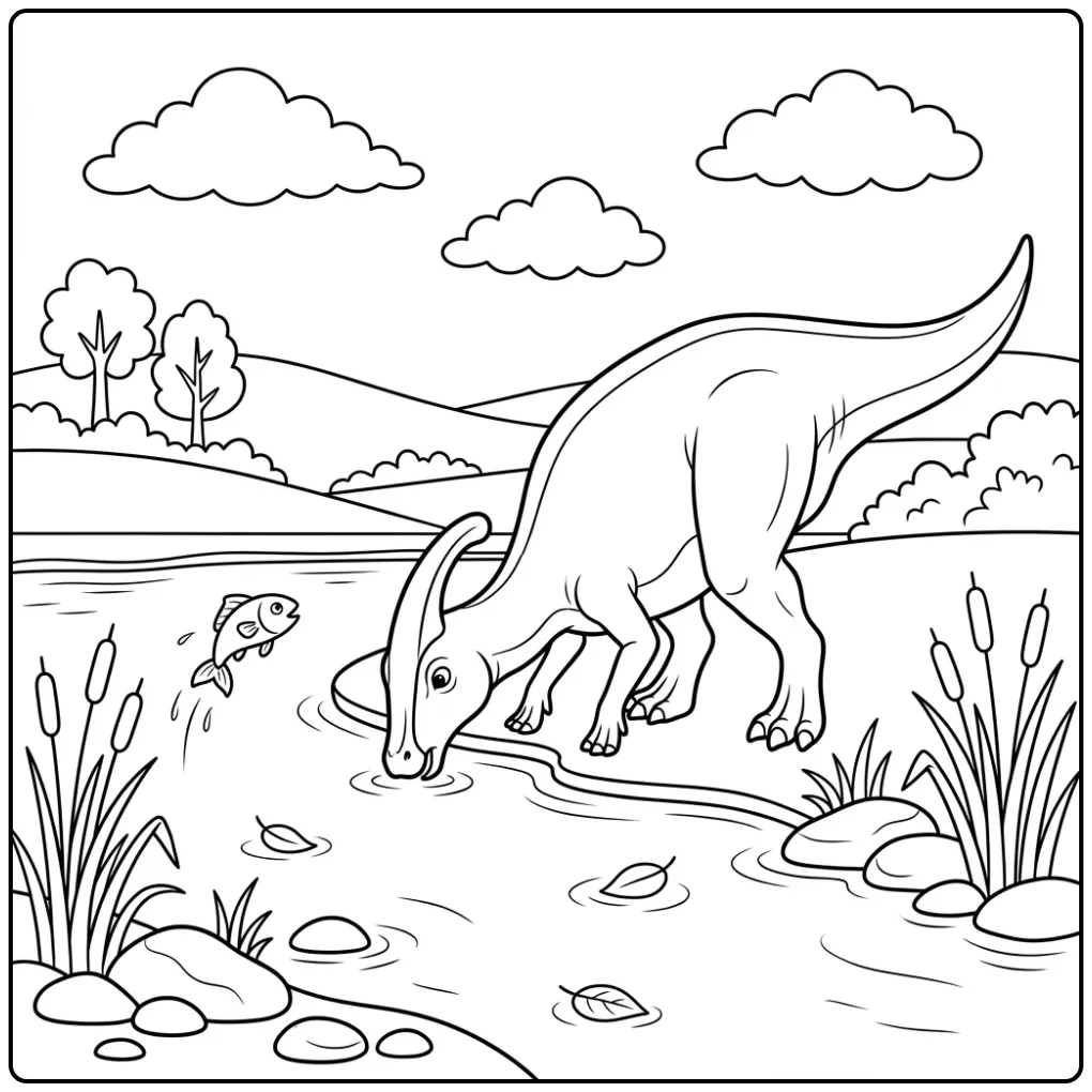 Parasaurolophus coloring page drinking by the river