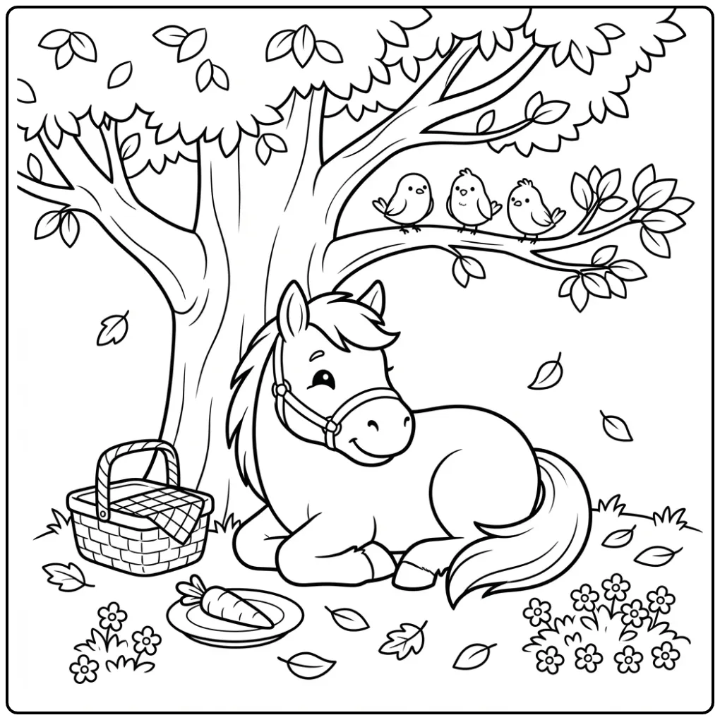 Picnic Cute Horse Under the Tree coloring page