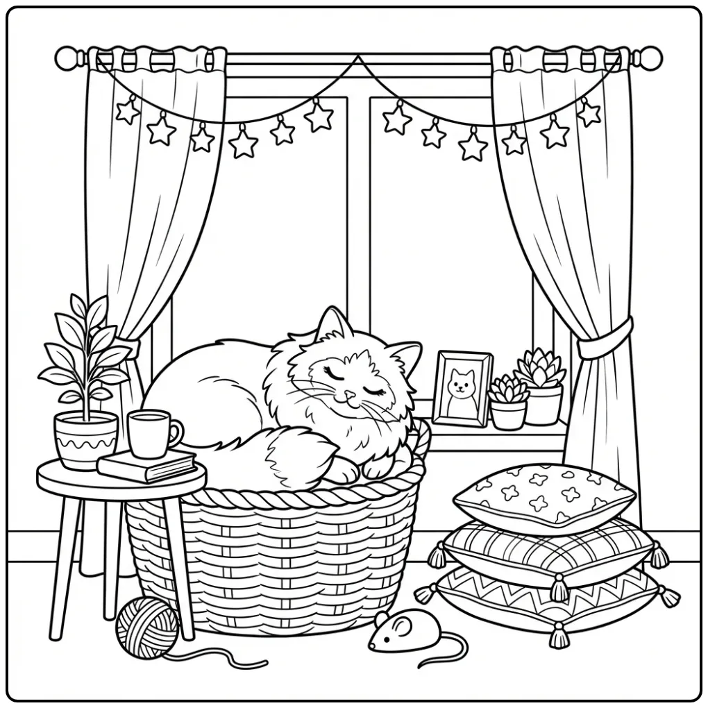 Birman Cat in a Basket with Star Lights coloring page